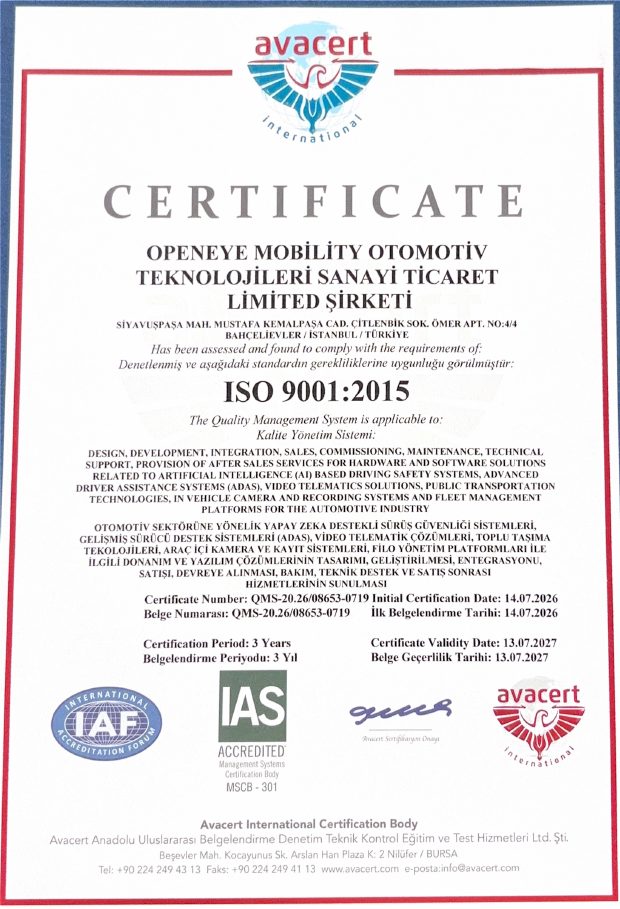 ISO 9001:2015 Kalite Yönetim Sistemi sertifikası